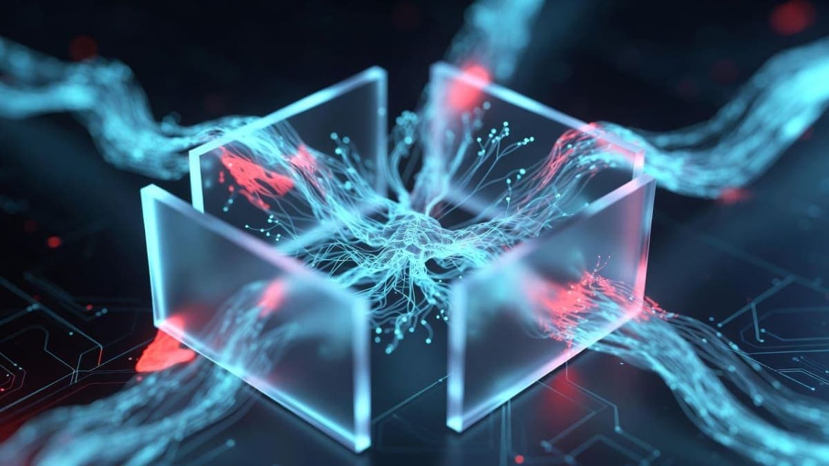 Digital security shield overlaying interconnected AI agent nodes in an enterprise network visualization