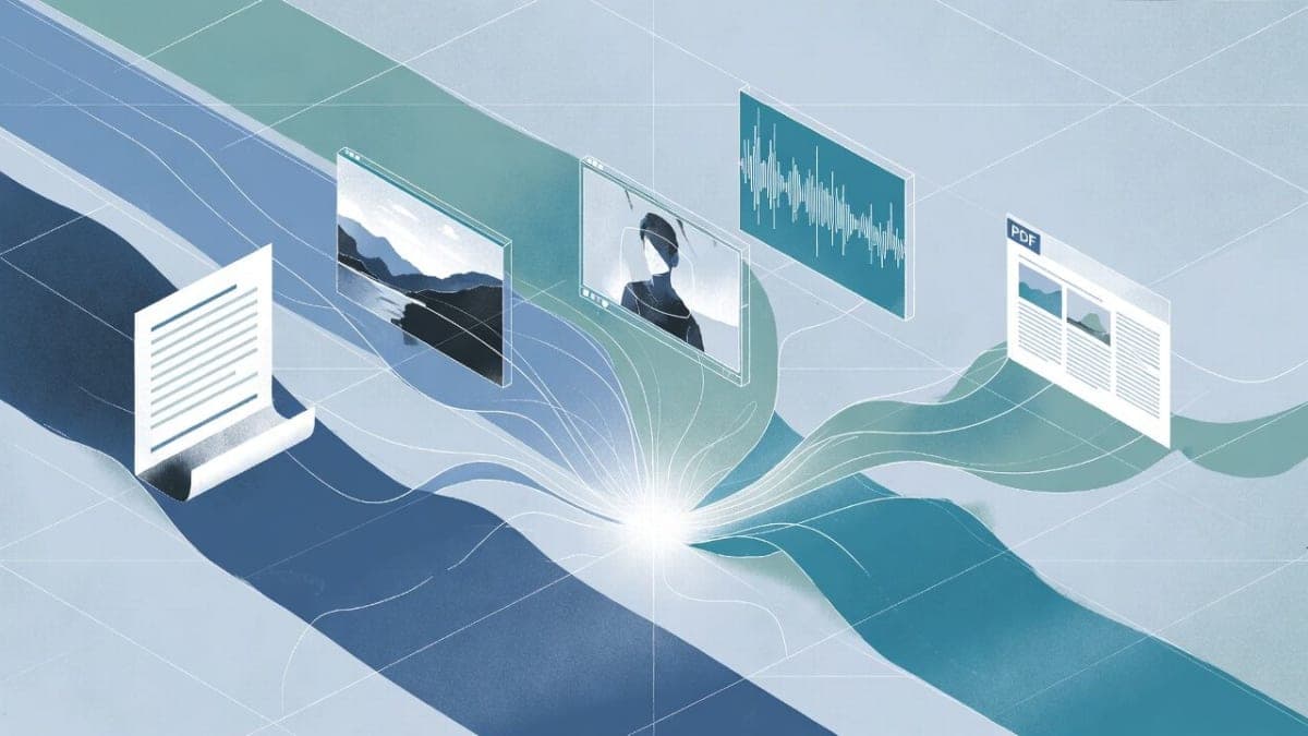 Abstract visualization of multimodal data streams converging into a unified vector space, representing text, images, video, audio, and documents