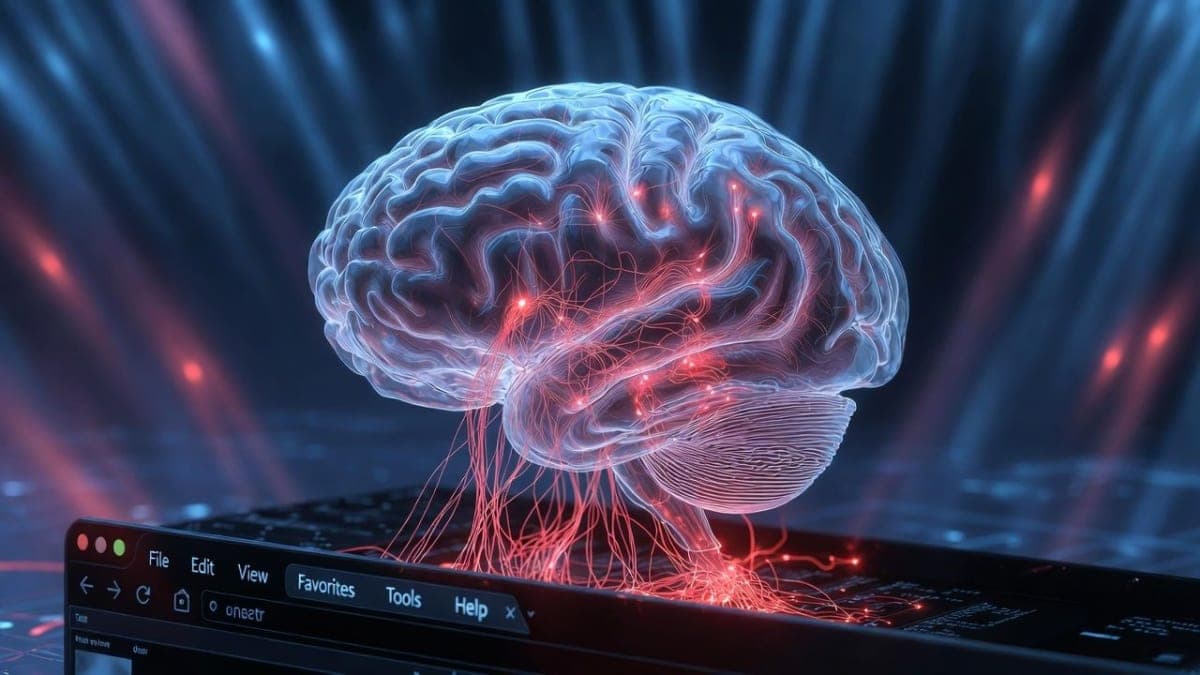Abstract digital illustration showing a glowing AI brain with invisible threads connecting to website buttons, representing hidden prompt injection attacks on AI memory systems