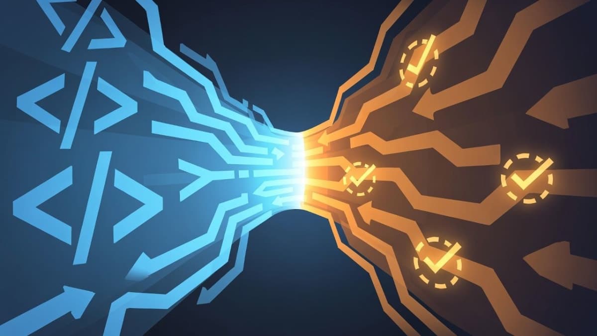 Software development pipeline visualization showing a bottleneck forming at code review stage while code generation flows freely