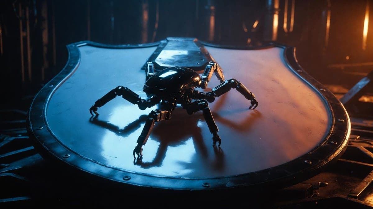 Abstract illustration of a shield and a web crawler bot facing each other, representing Cloudflare's dual role as protector and scraper