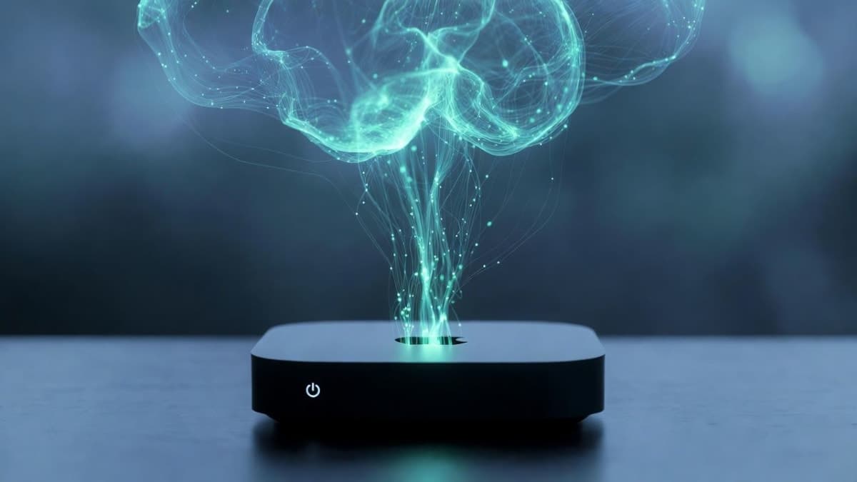 Mac mini desktop computer glowing with abstract AI network connections radiating outward