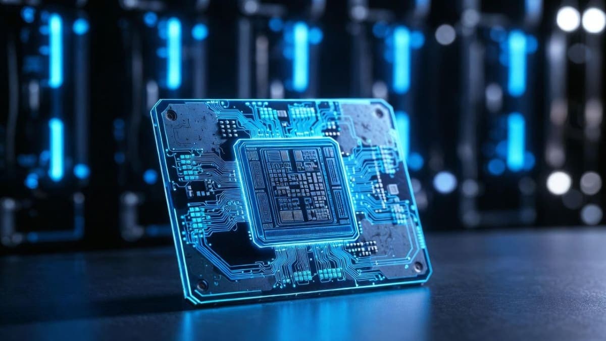 Close-up of a custom AI accelerator chip on a circuit board with data center server racks in the background