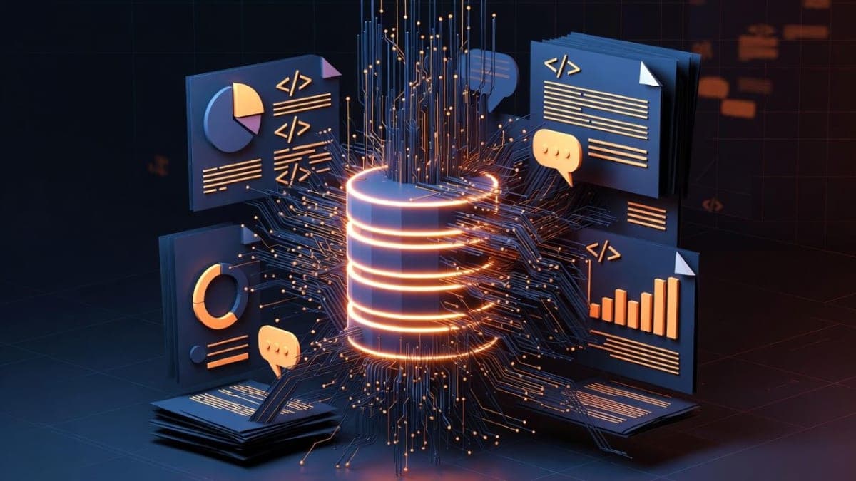Abstract visualization of a database breach showing interconnected nodes and data streams flowing from a corporate AI system