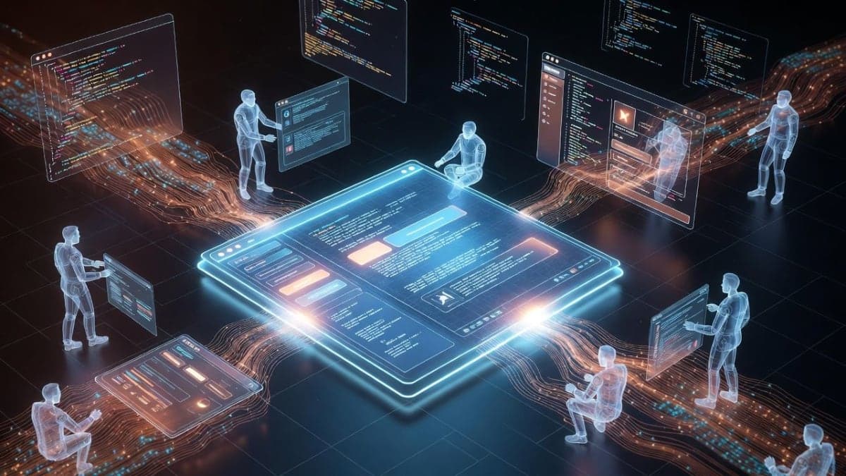 Abstract visualization of parallel AI agents building software applications on a digital canvas with flowing code streams