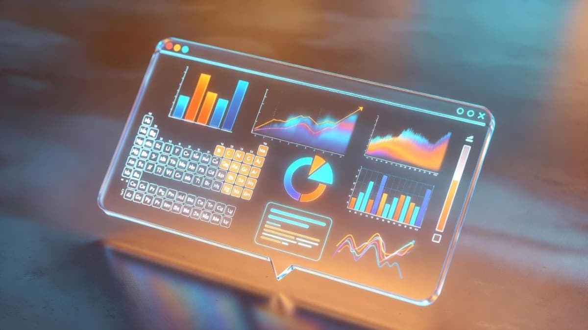 Abstract visualization of interactive data charts and diagrams flowing within a conversation interface