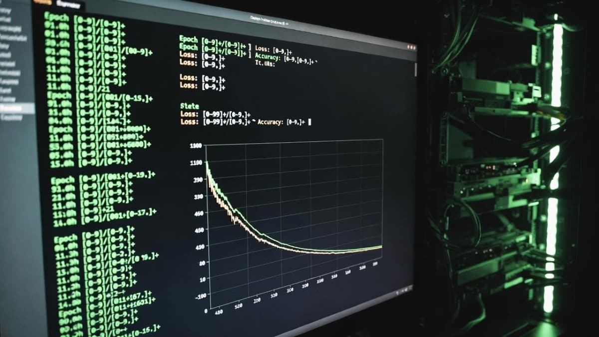 Terminal screen showing an autonomous AI agent loop running ML experiments overnight with a descending validation loss curve