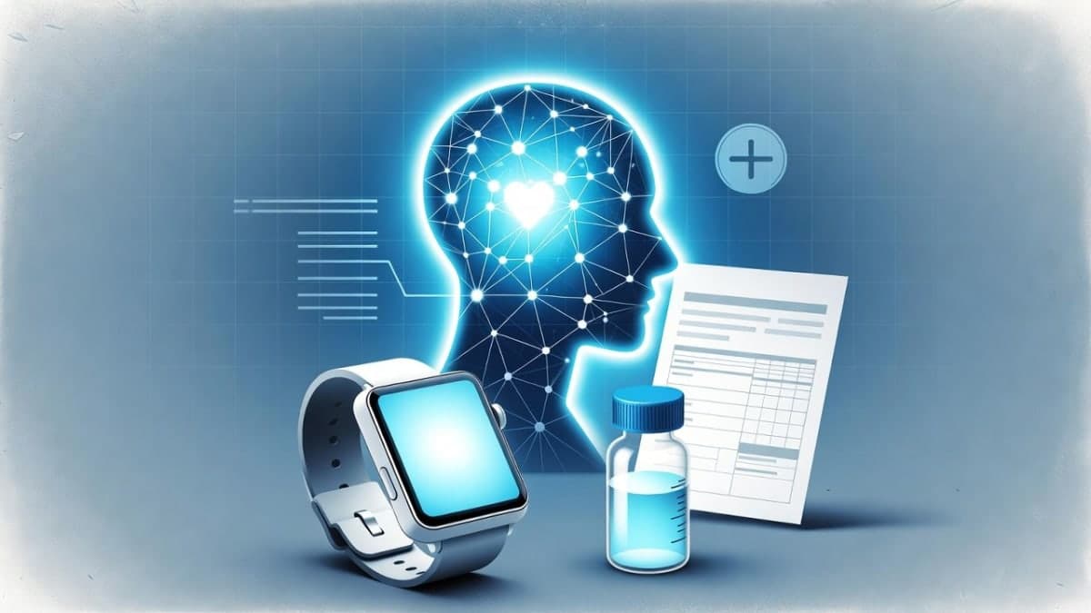 Abstract visualization of health data streams converging into a unified digital profile on a blue-toned interface