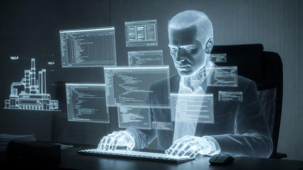 A computer screen displaying multiple software applications being operated by an invisible AI agent, with Tesla and xAI branding visible on nearby hardware