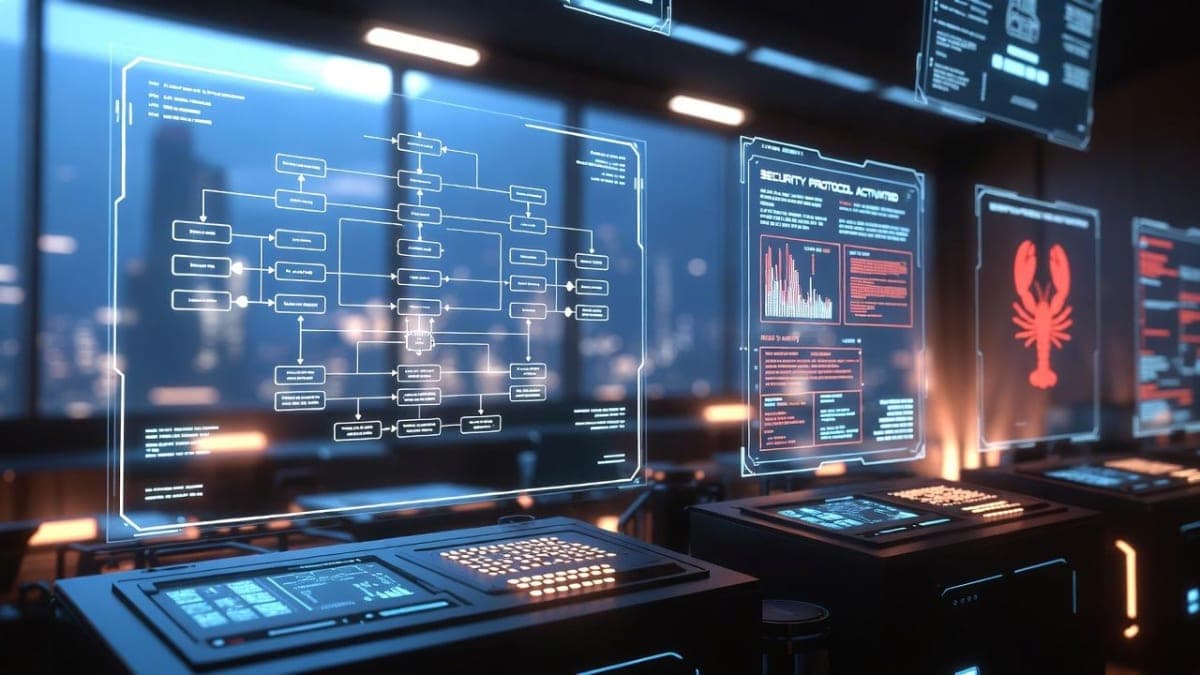 A sprawling tech conference floor in China with attendees crowding around AI agent demonstration stations, lobster mascot imagery visible on screens and banners