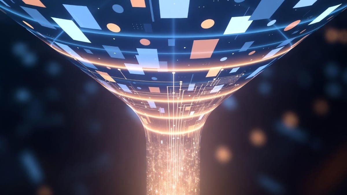 Abstract visualization of a massive data stream flowing through a context window, representing one million tokens of processing capacity