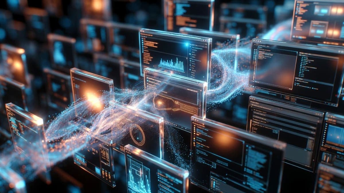 Abstract visualization of autonomous AI workflows replacing traditional software dashboard interfaces