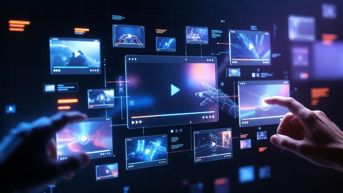 Abstract visualization of AI video generation pipeline with multiple frames and editing controls on a dark interface