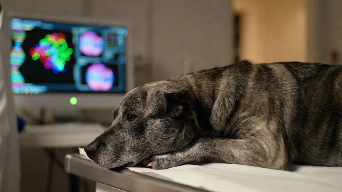 A rescue dog receiving veterinary treatment while AI-generated molecular structures appear on a nearby computer screen