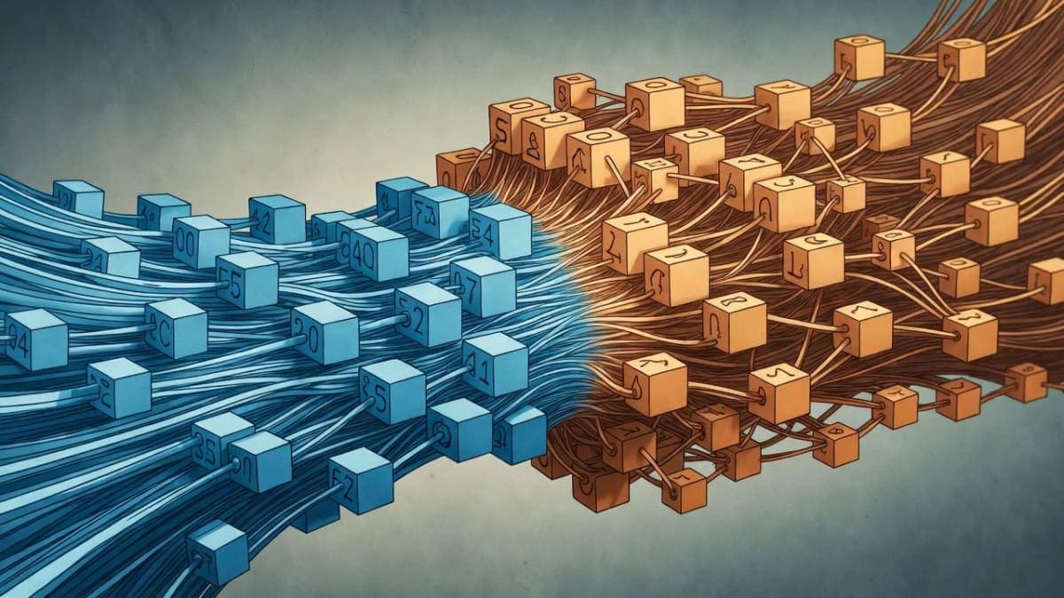 Abstract visualization of interleaved neural network layers combining recurrent and attention mechanisms in a hybrid architecture