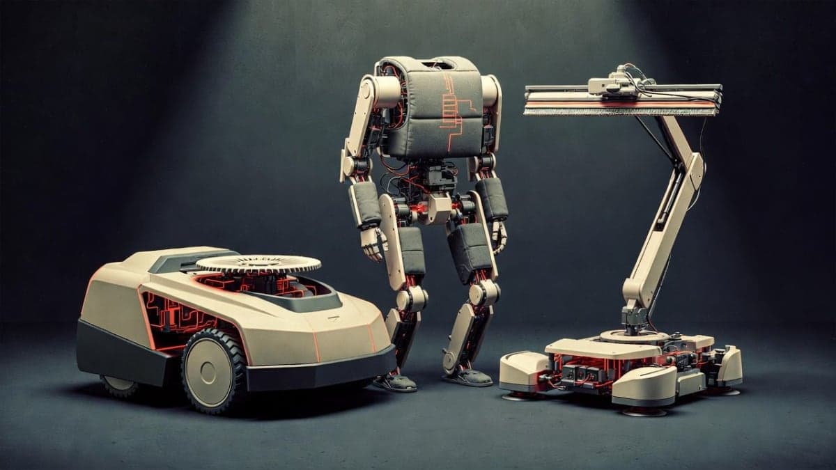 Three consumer robots, a lawnmower, exoskeleton, and window cleaner, surrounded by digital vulnerability indicators and warning symbols