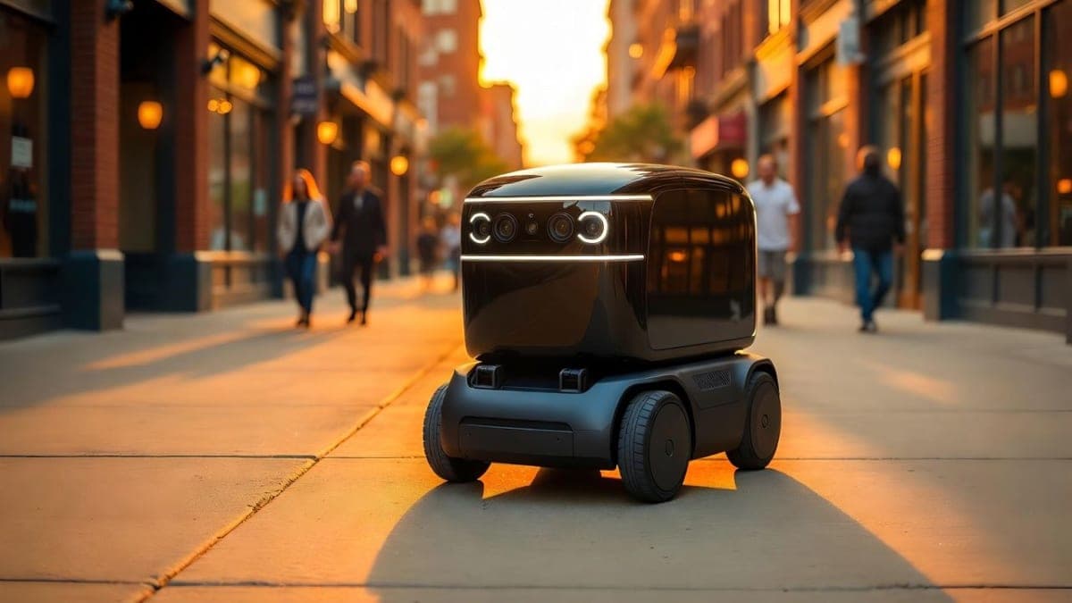 Autonomous delivery robot navigating a city sidewalk past urban buildings and storefronts