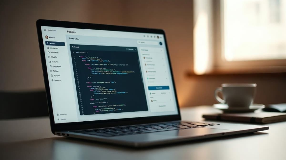 A laptop screen showing an online learning platform with code and AI course modules visible, set against a workspace background