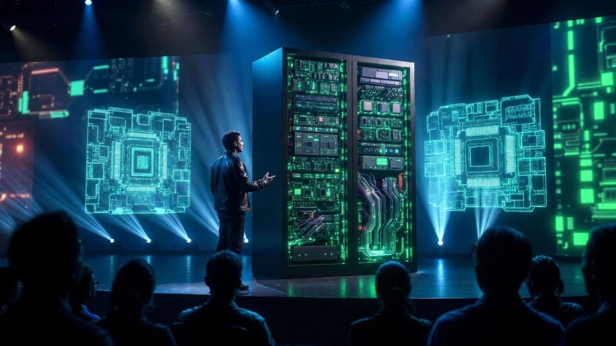 Jensen Huang presenting on stage at the SAP Center during NVIDIA GTC 2026 keynote in San Jose, California