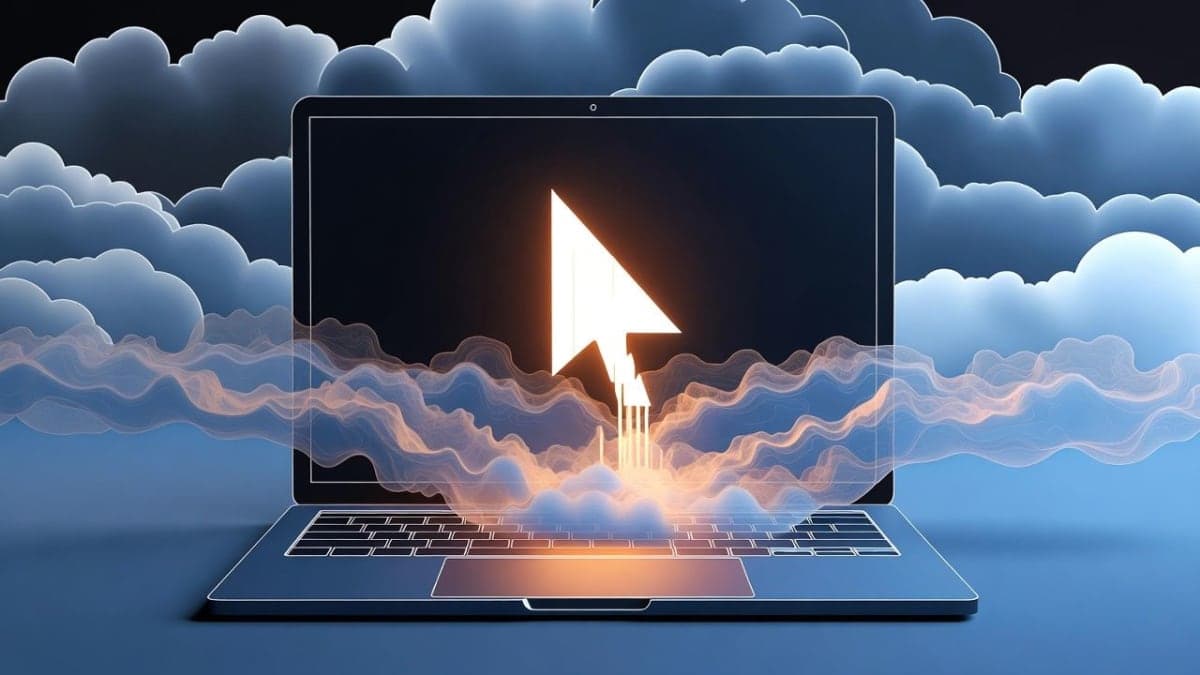 Abstract visualization of a cloud-based AI agent extending down into a desktop computer terminal interface