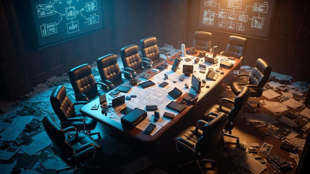 Abstract corporate office environment with strategic planning documents and AI interface elements, conveying a tech company pivot