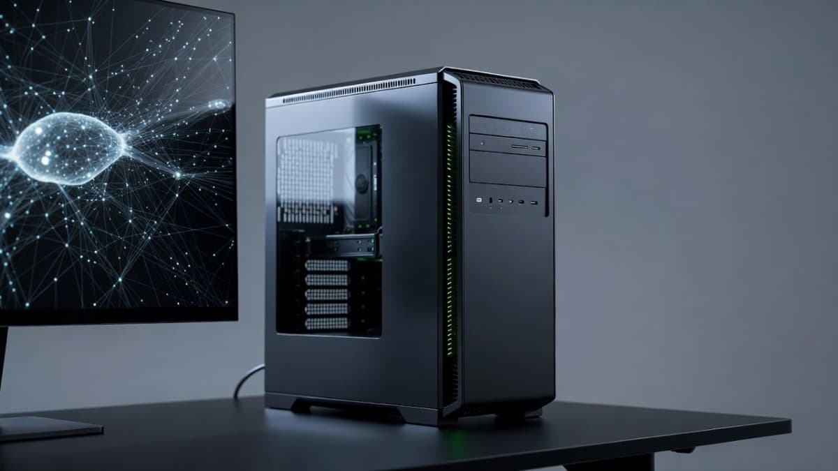 Nvidia DGX Station desktop AI workstation with GB300 Grace Blackwell Ultra Superchip on a desk in a professional setting