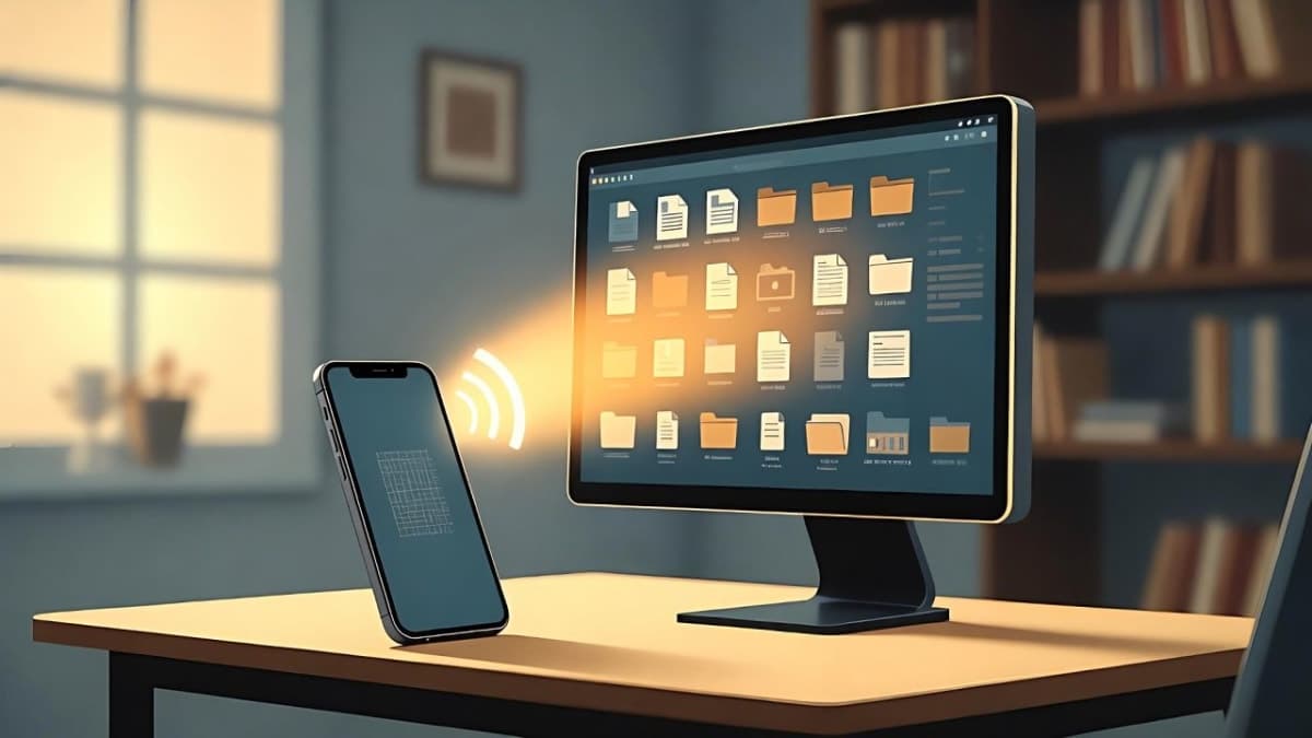 Smartphone displaying a chat interface connected to a desktop computer running an AI agent in the background