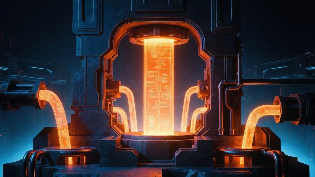 Abstract representation of enterprise AI model training with interconnected data nodes and neural network layers