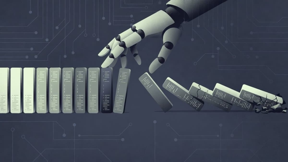 A fractured codebase represented as stacked blocks slowly toppling, symbolizing regressions accumulating in AI-maintained software