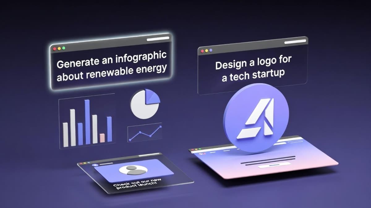 Abstract AI-generated graphics and design elements floating above a digital canvas with brand color palettes