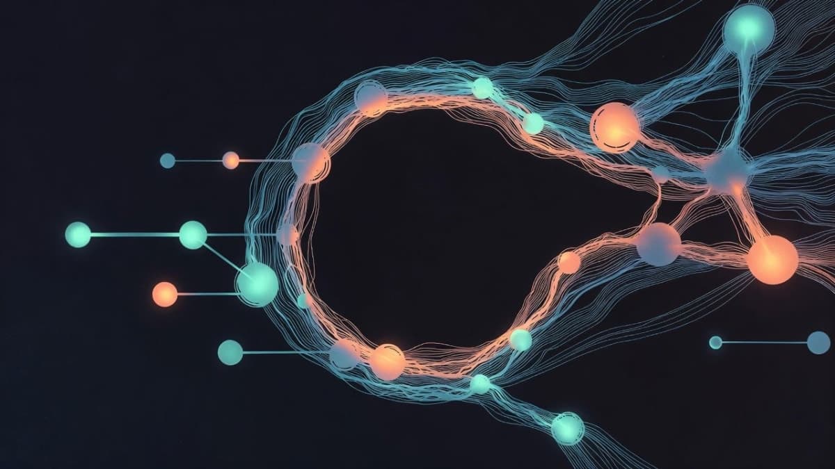 Abstract visualization of a neural network feeding outputs back into its own training loop, representing recursive AI self-improvement