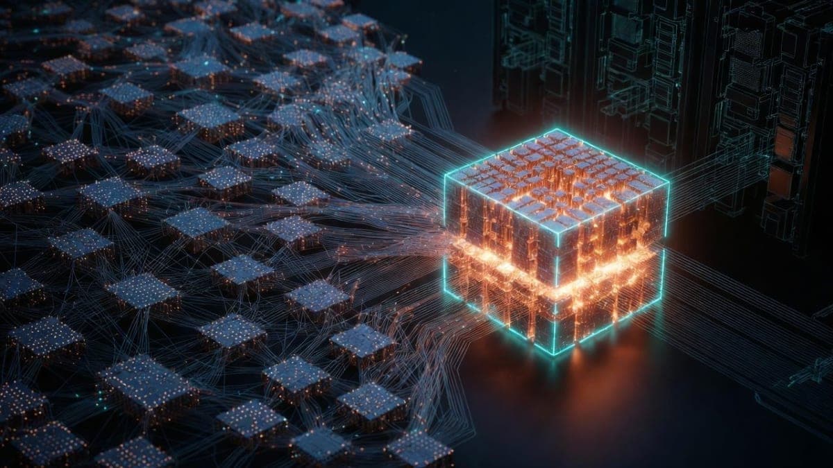Abstract visualization of a neural network being compressed into a tiny container, with GPU hardware in the background