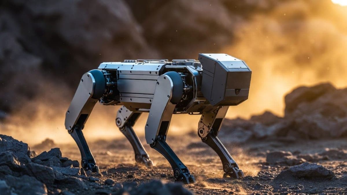 Unitree As2 quadruped robot walking outdoors on rough terrain carrying equipment on its back