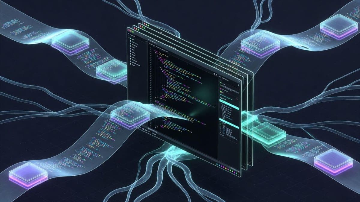 Abstract visualization of a coding model processing sequential tasks, with compressed data streams flowing through a neural network