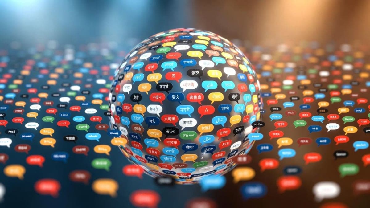 Abstract visualization of interconnected speech bubbles spanning a world map, representing global AI survey responses in multiple languages