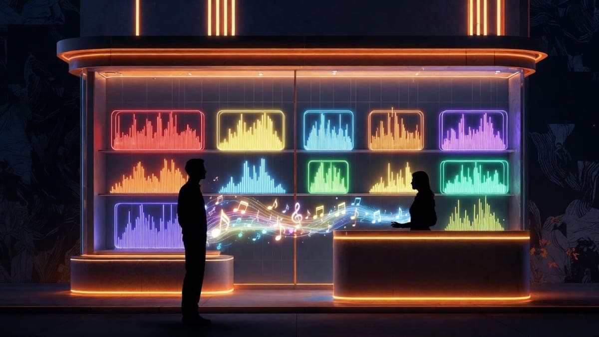 Abstract visualization of sound waves and music notes flowing through a digital marketplace interface