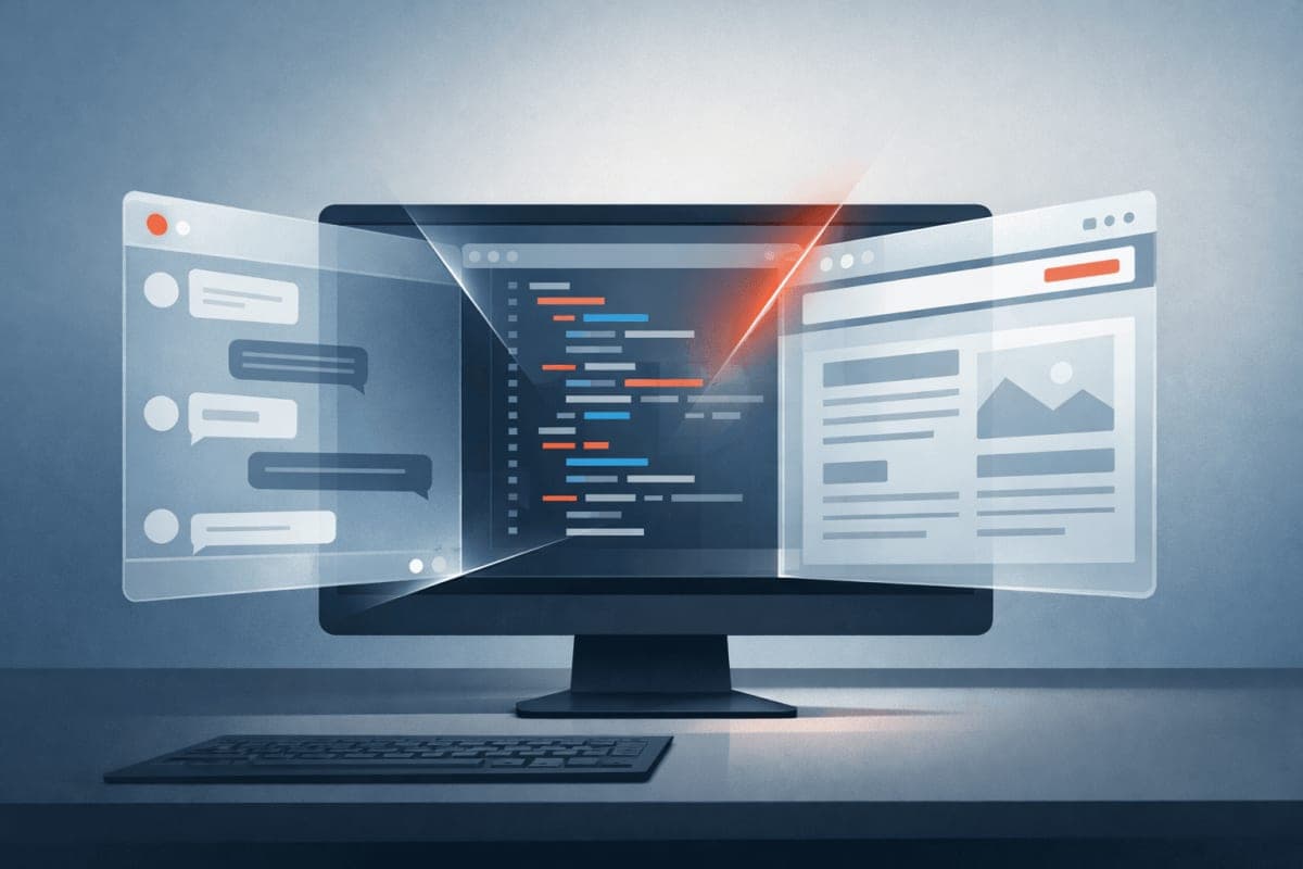 Abstract illustration of three application windows merging into a single unified interface on a desktop screen