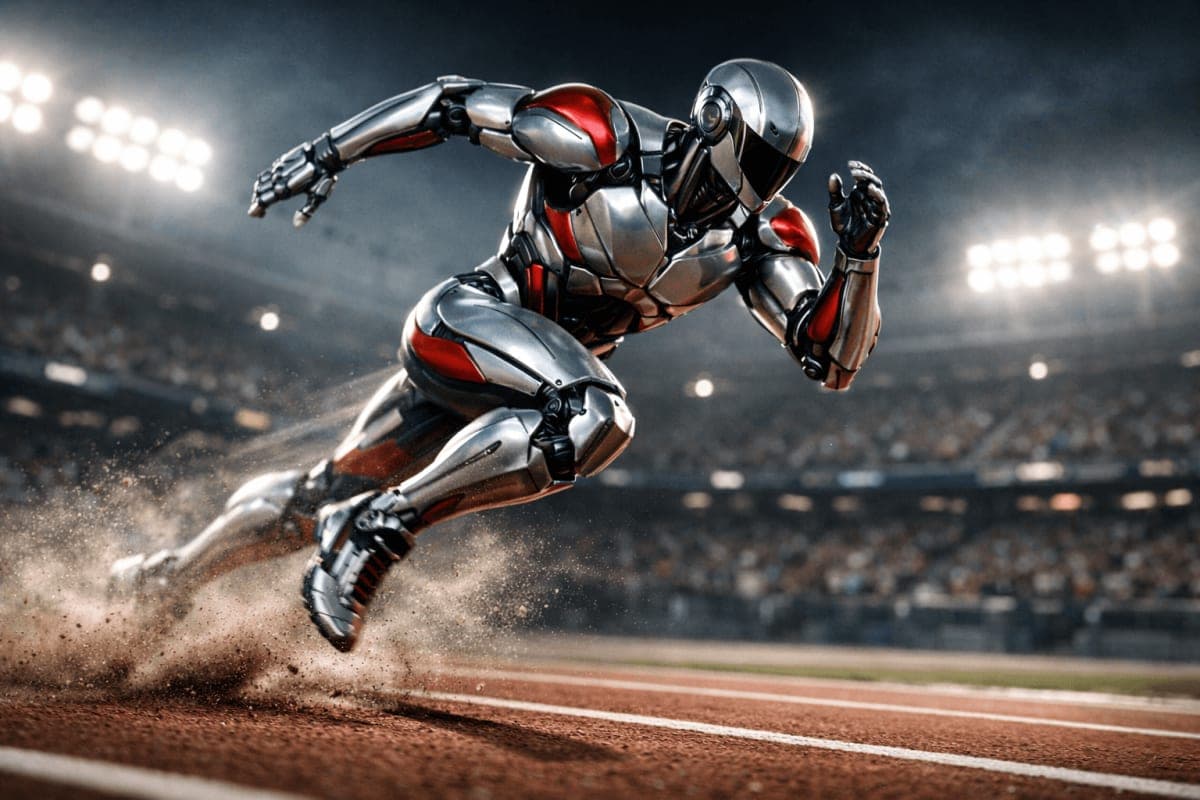 A humanoid robot in mid-stride on a running track, metallic legs blurred with motion