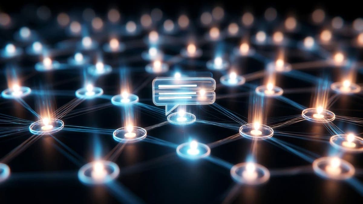 Abstract visualization of parallel AI agents processing streams of conversational data into structured memory