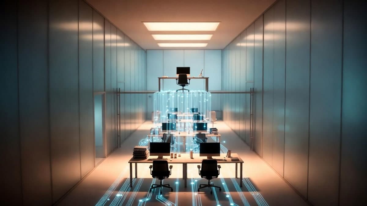 Abstract visualization of corporate hierarchy being compressed, with data streams flowing directly between top and bottom layers