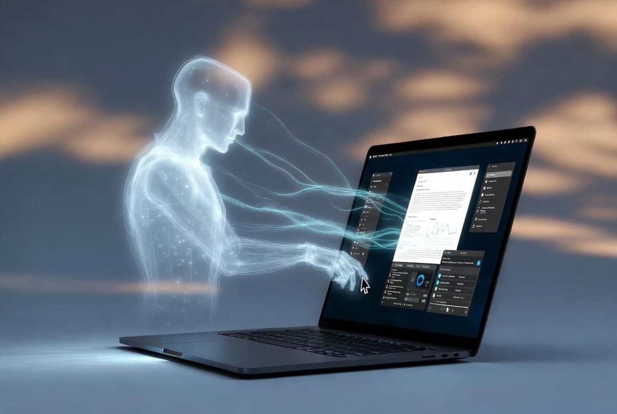 A Mac desktop with an AI assistant interface navigating multiple open applications simultaneously