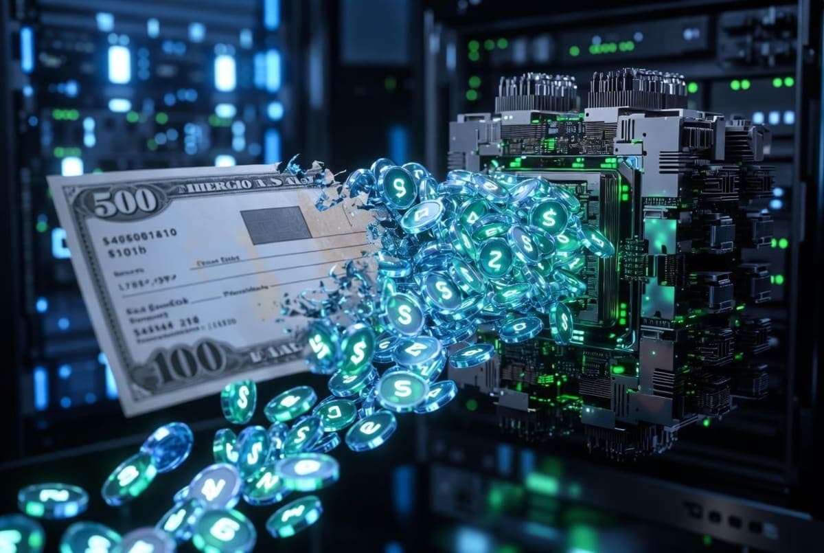 Abstract visualization of glowing digital tokens flowing toward a circuit board shaped like a paycheck