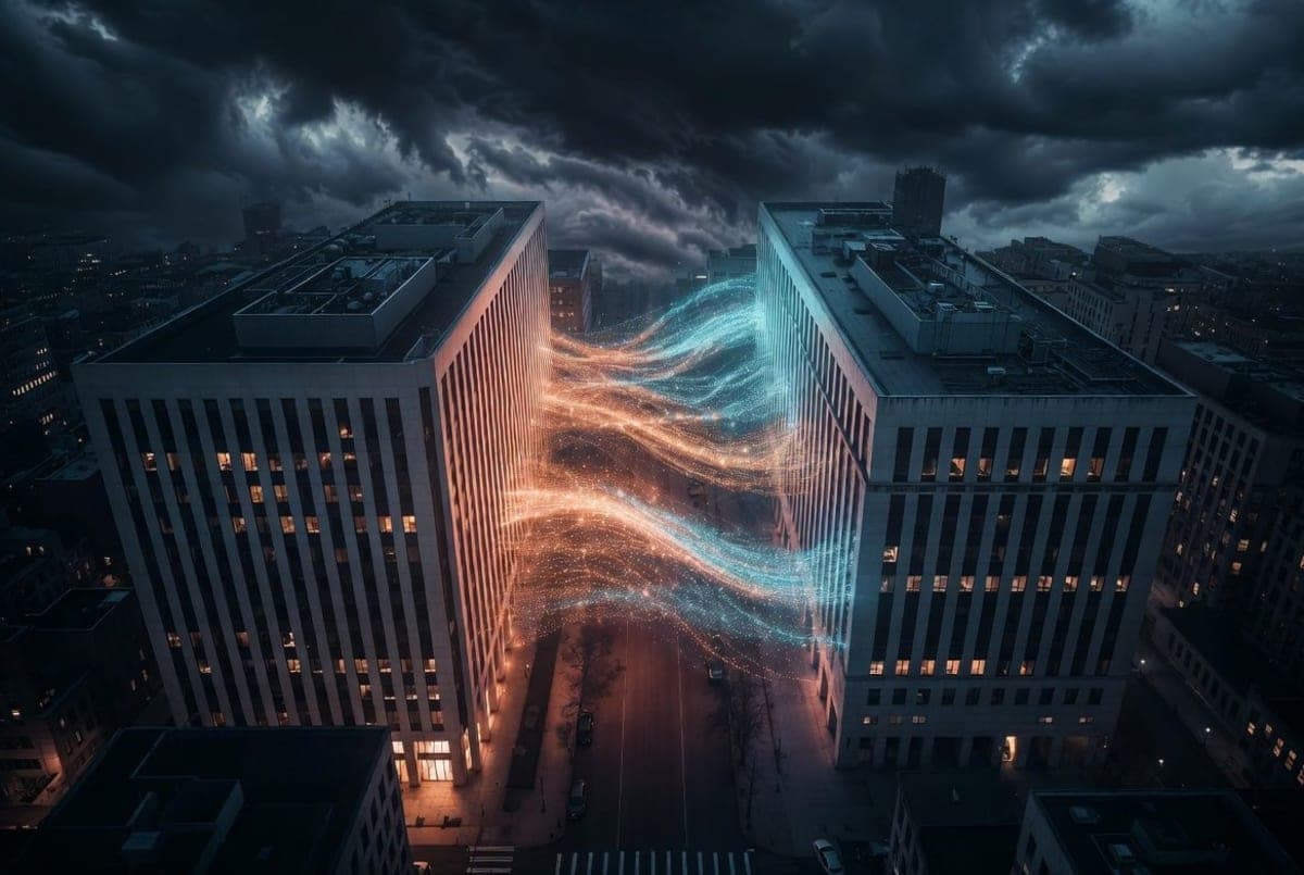 Abstract financial handshake between technology and private equity with enterprise office buildings in background