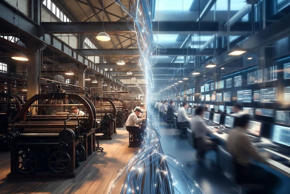 An old textile factory floor with modern digital overlays showing AI agent networks and data flows between machines