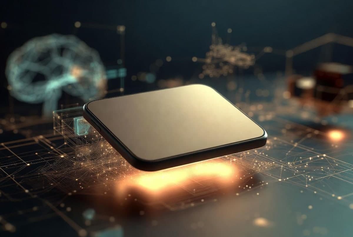 Abstract rendering of a minimalist AI hardware device surrounded by circuit patterns and soft ambient lighting