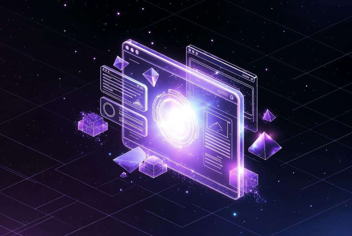 Split-screen showing a chat-based AI interface on the left generating code and a polished interactive 3D website preview on the right