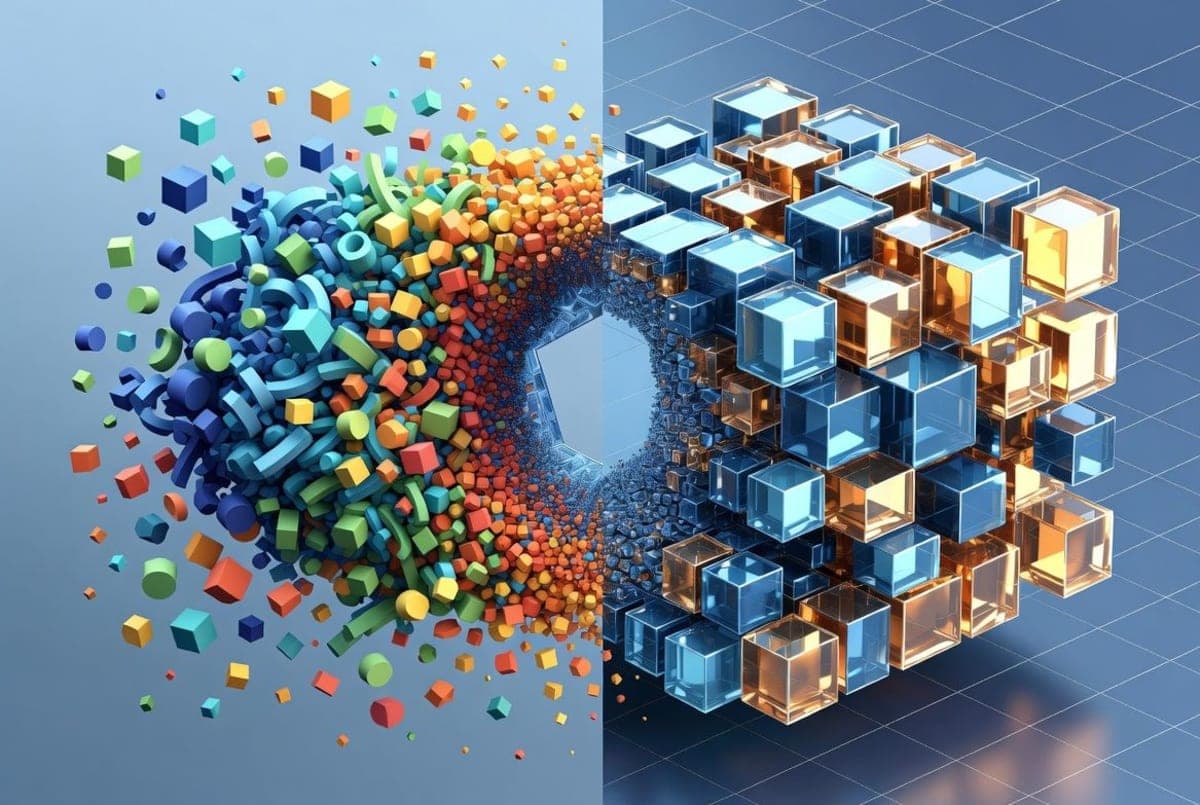Abstract visualization of high-dimensional vectors being compressed into compact representations, with geometric shapes transitioning from large to small