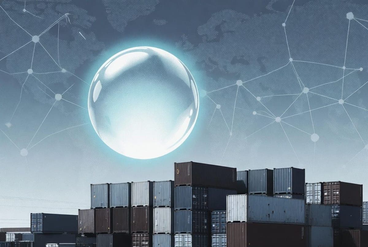 Abstract visualization of lightweight V8 isolates spinning up inside a global network, contrasted against heavier container instances