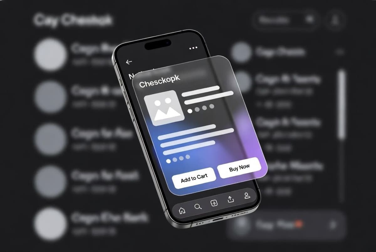 A smartphone displaying the Facebook app with a native checkout overlay for purchasing a product directly from an advertisement