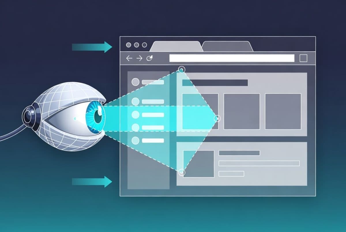 A browser window displaying a webpage with visual overlay indicators showing an AI agent's click targets and decision points